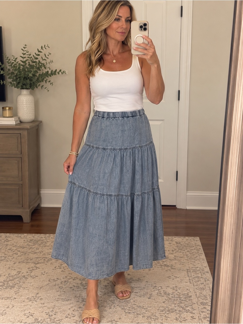 She + Sky Light Blue Tiered Denim Maxi Skirt
